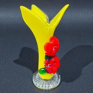Vintage 1980s Yellow Art Glass Vase Vessel Flower Shaped With Red Flowers Vase